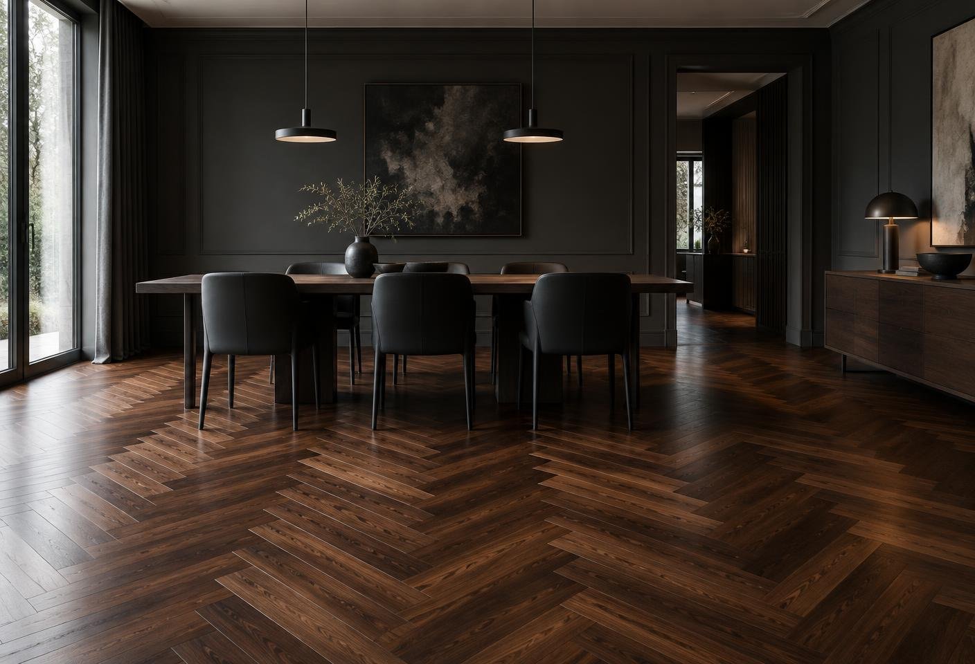 Walnut herringbone floor in a dining room
